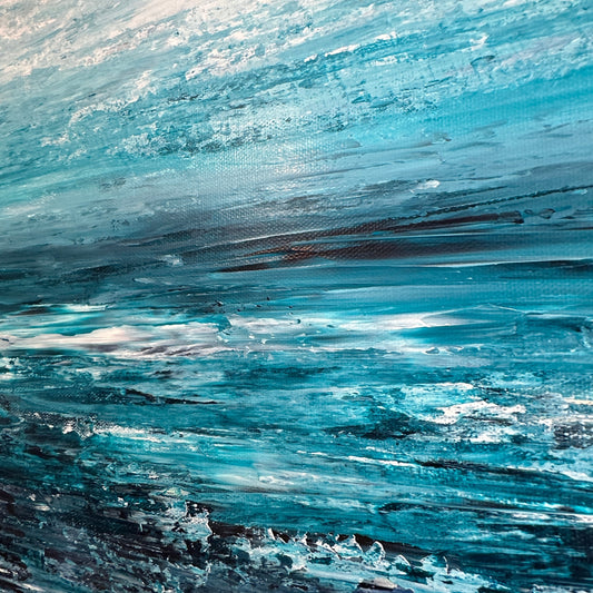 Close-up of Ocean & Earth VII showing layered acrylic paint and expressive palette knife texture