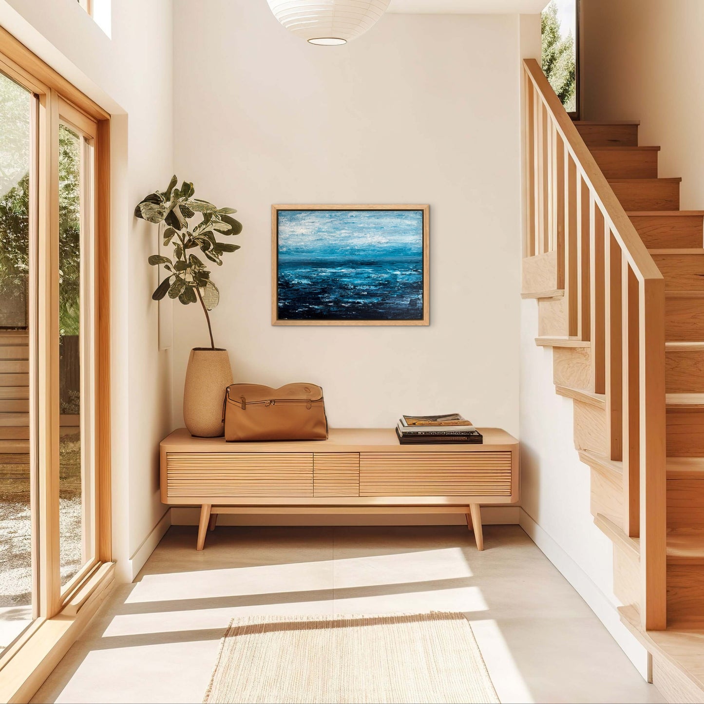 Ocean & Earth VII original abstract painting displayed in a bright coastal-style hallway with natural light