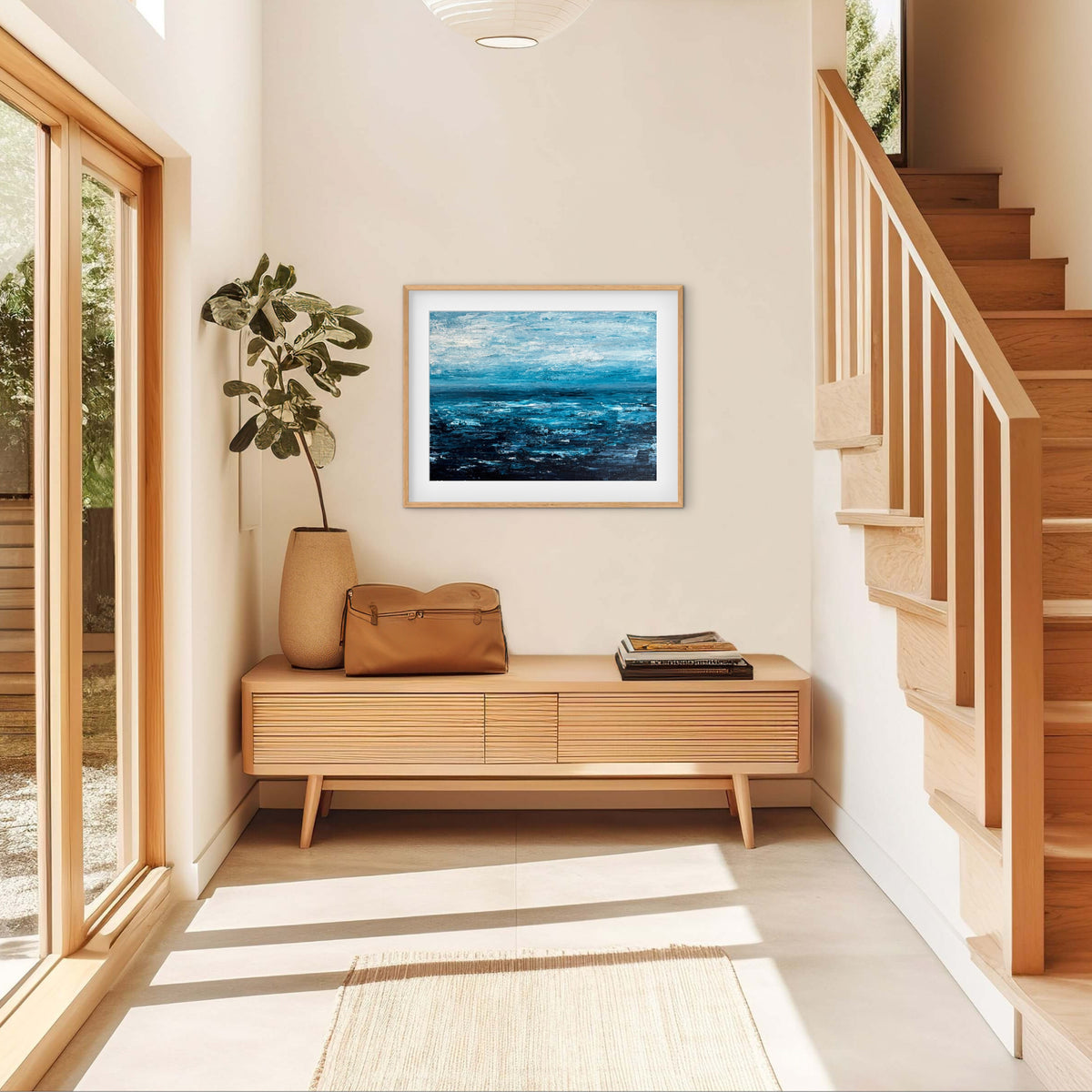 Quiet Tide framed print displayed in a sunlit hallway with timber stairs and a plant