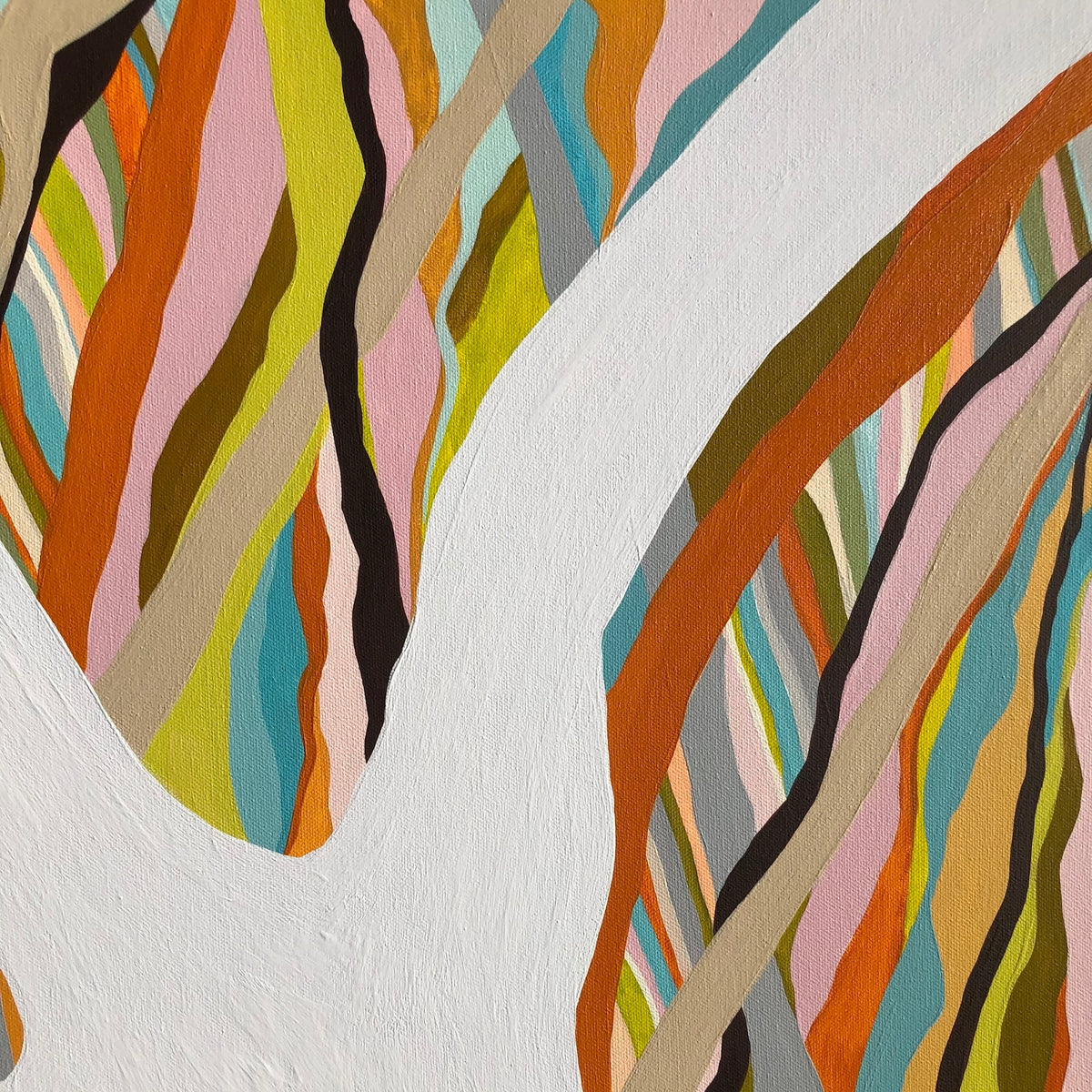 Detail of Brilliant Blue Gum print showing textured gum tree branch forms and colour transitions