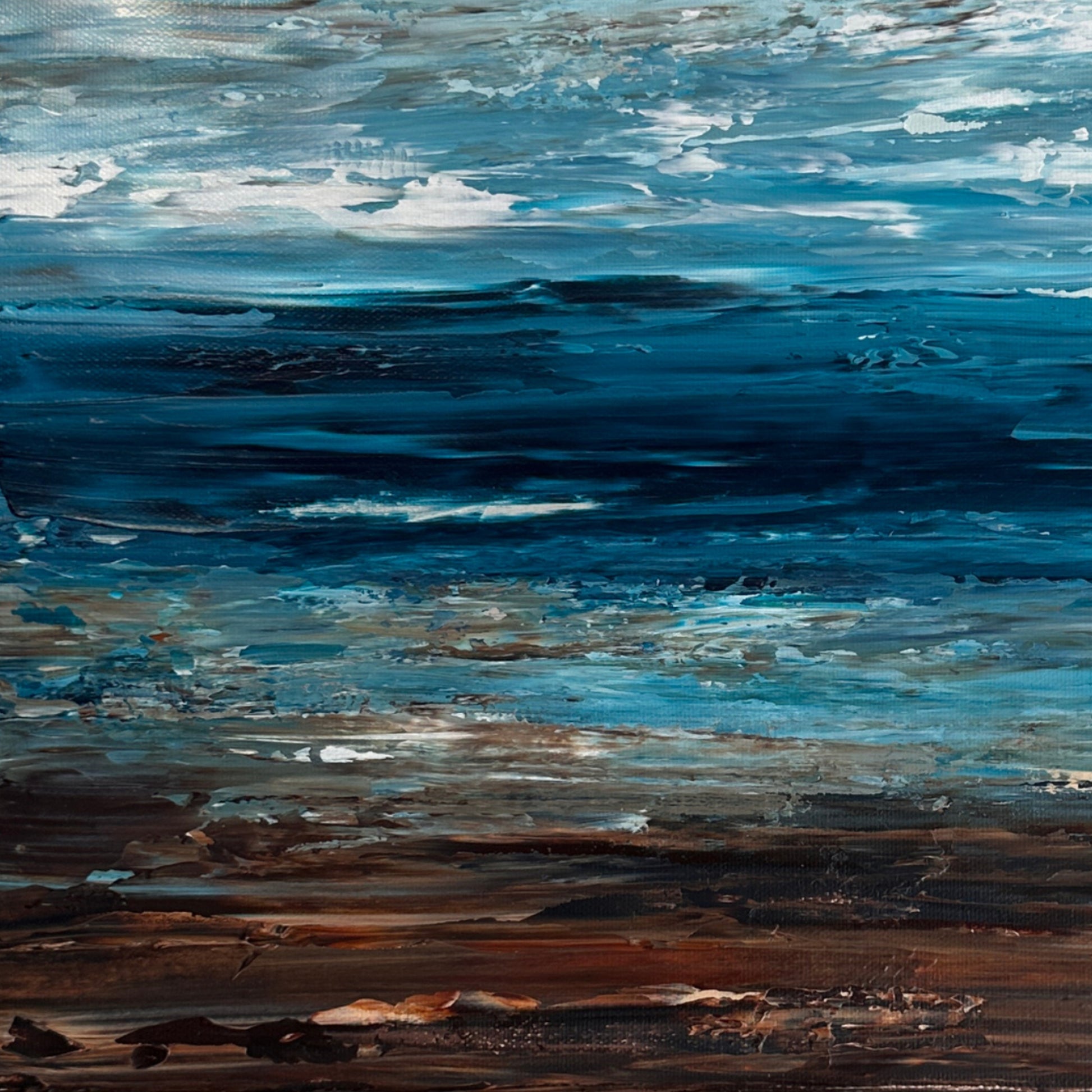 Close-up detail of Deep Blue Horizon showing layered blue, white and earthy tones and textured acrylic paint