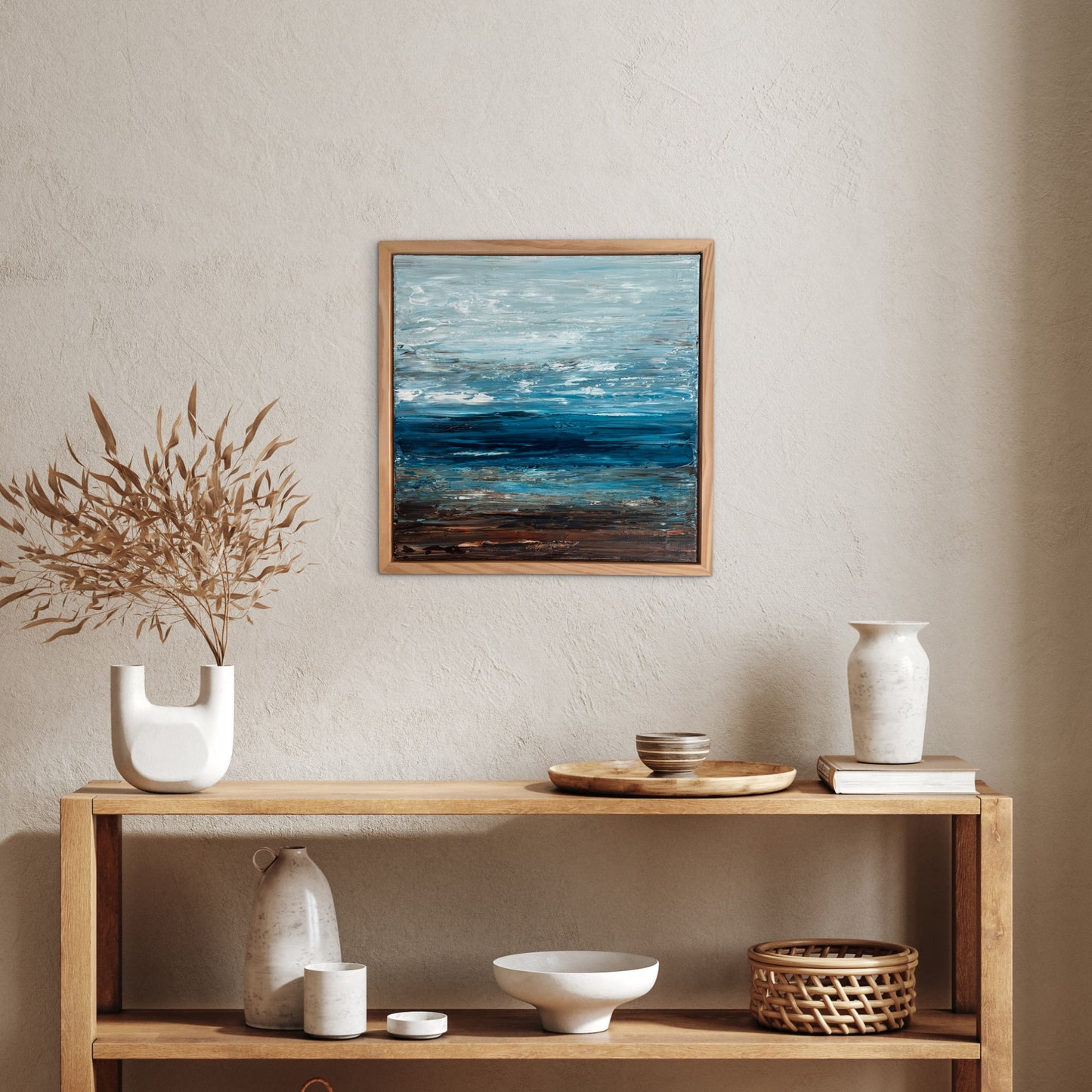 Deep Blue Horizon – Ocean & Earth VIII displayed above a timber console in a warm neutral interior