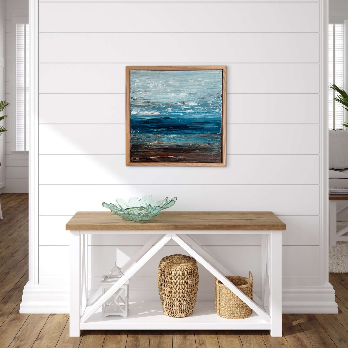 Deep Blue Horizon – Ocean & Earth VIII displayed on a white wall in a minimalist neutral interior