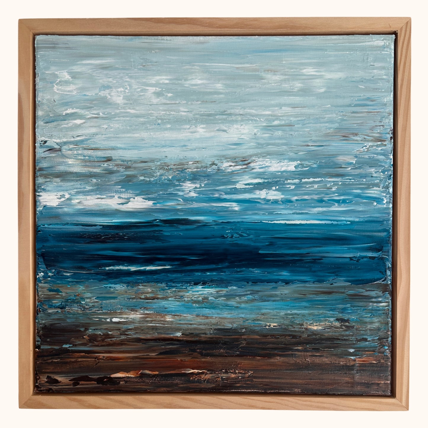 Deep Blue Horizon – Ocean & Earth VIII, original abstract coastal painting in a natural timber frame