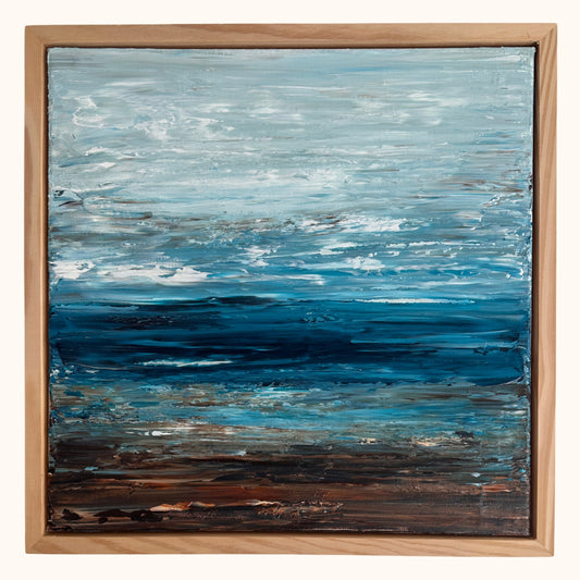 Deep Blue Horizon – Ocean & Earth VIII, original abstract coastal painting in a natural timber frame