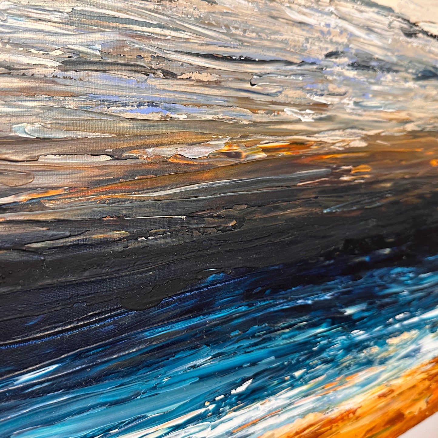 Close-up detail of Prussian Sea Sienna Sands III showing layered acrylic and palette knife texture in blue, sienna and ochre