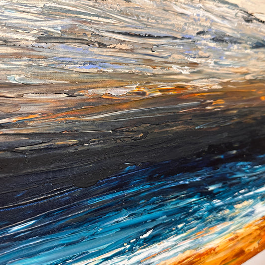 Close-up detail of Prussian Sea Sienna Sands III showing layered acrylic and palette knife texture in blue, sienna and ochre