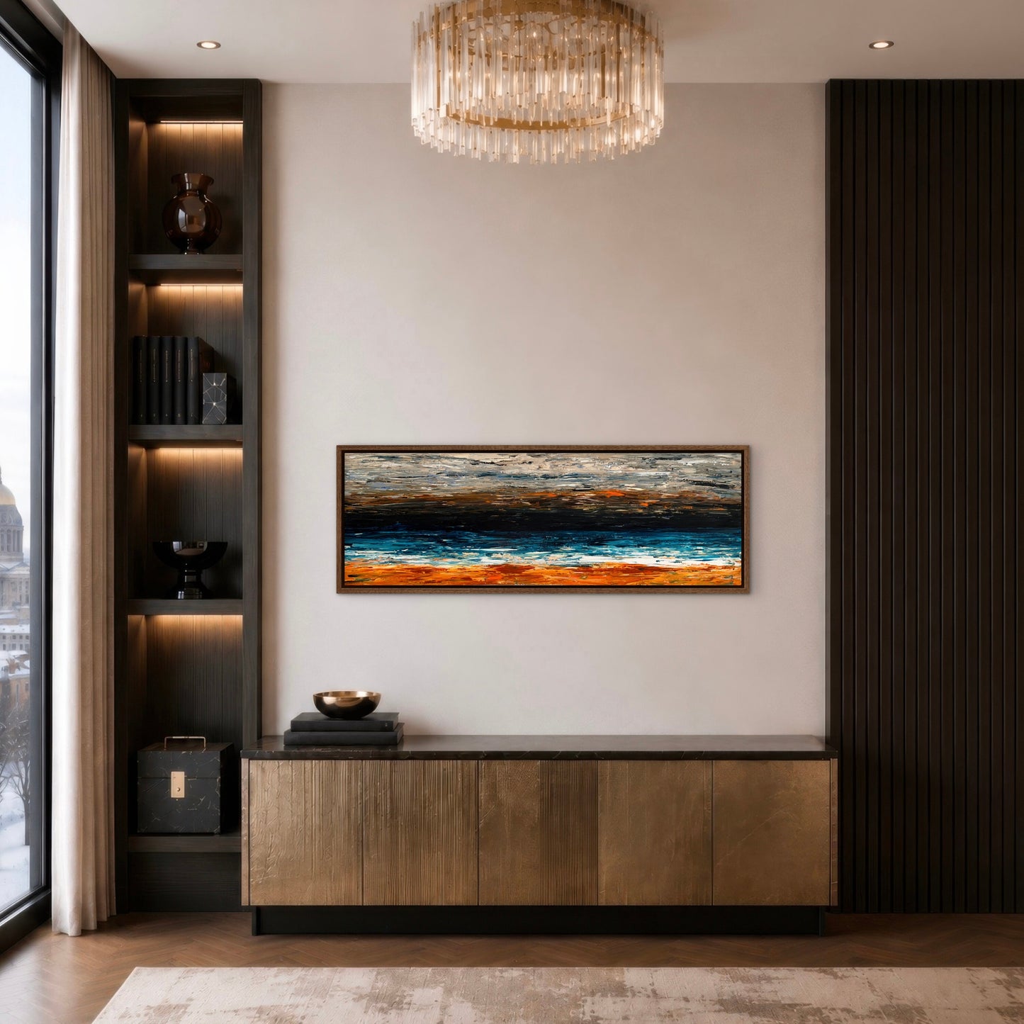 Prussian Sea Sienna Sands III original abstract painting displayed above a timber console in a dark warm contemporary interior