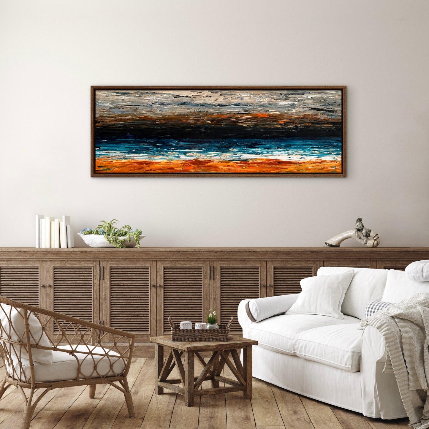Prussian Sea Sienna Sands III original abstract painting displayed above a sofa in a warm contemporary living room