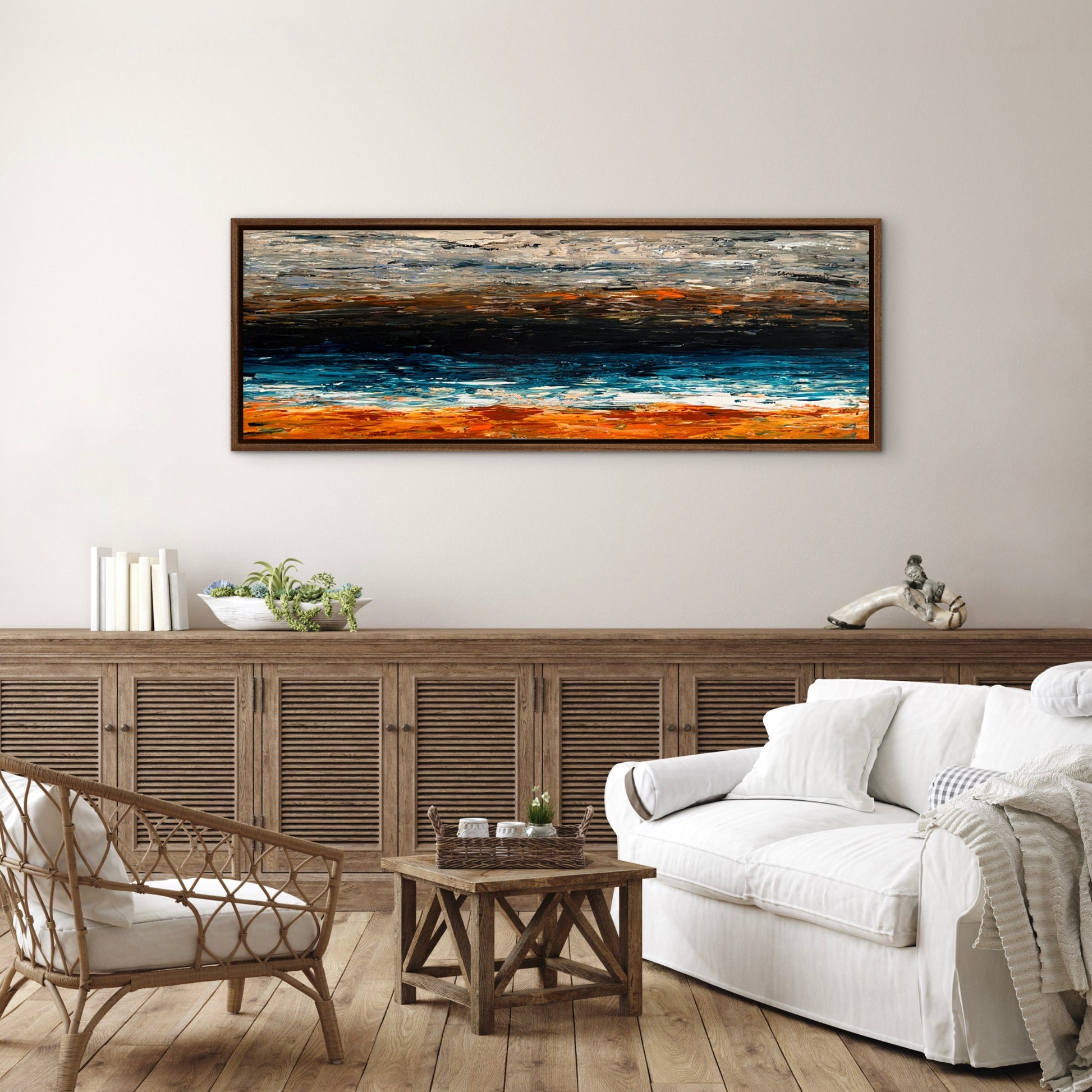 Prussian Sea Sienna Sands III original abstract painting displayed above a sofa in a warm contemporary living room