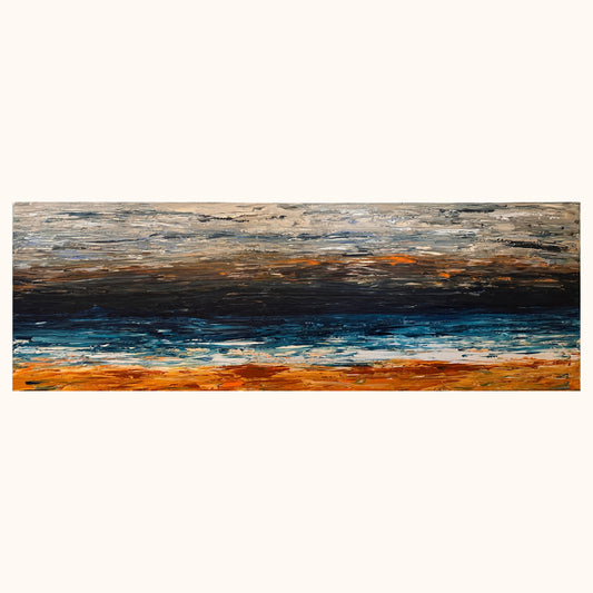 Prussian Sea Sienna Sands III original abstract coastal painting in deep blue, sienna and ochre tones