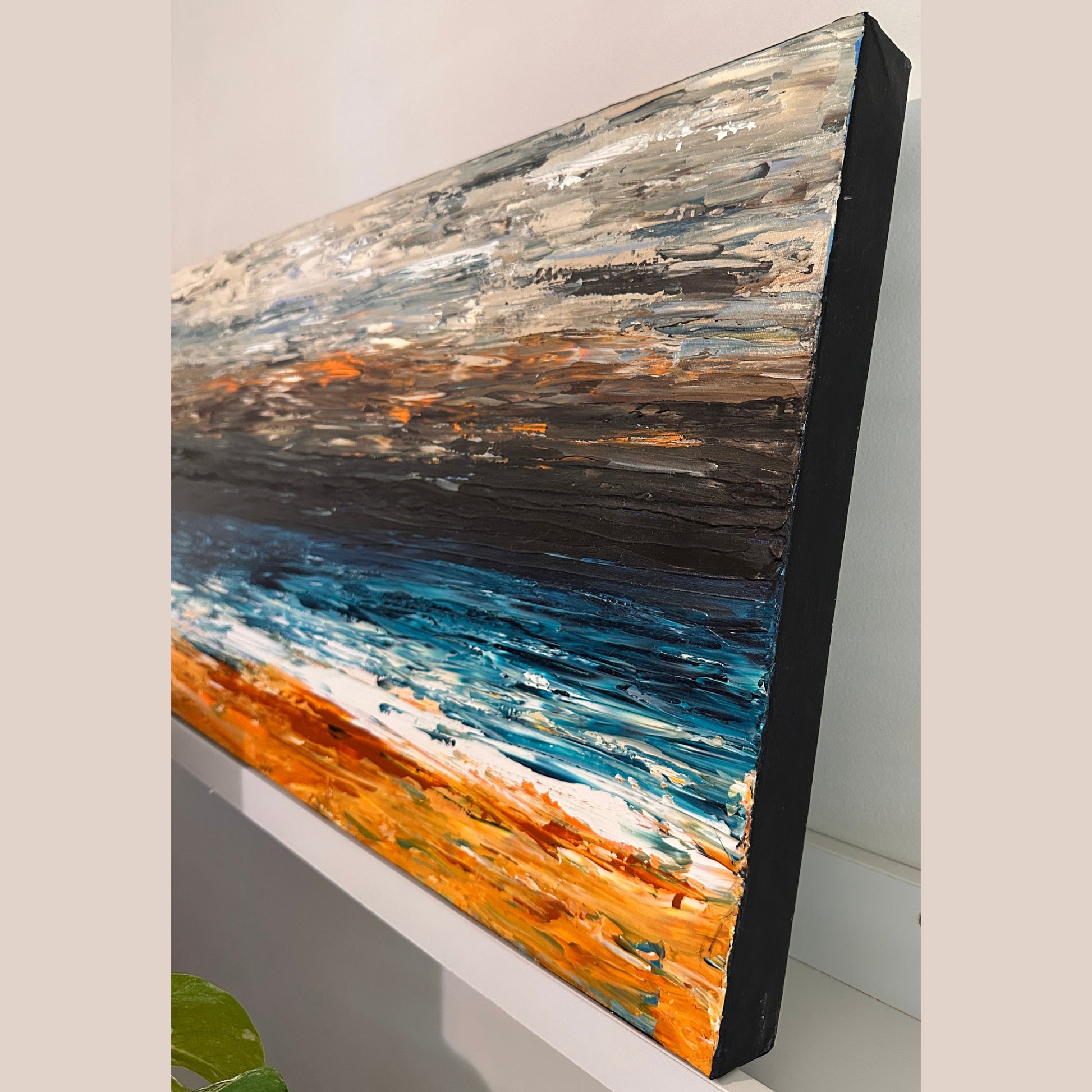 Side view of Prussian Sea Sienna Sands III showing the depth of the stretched canvas