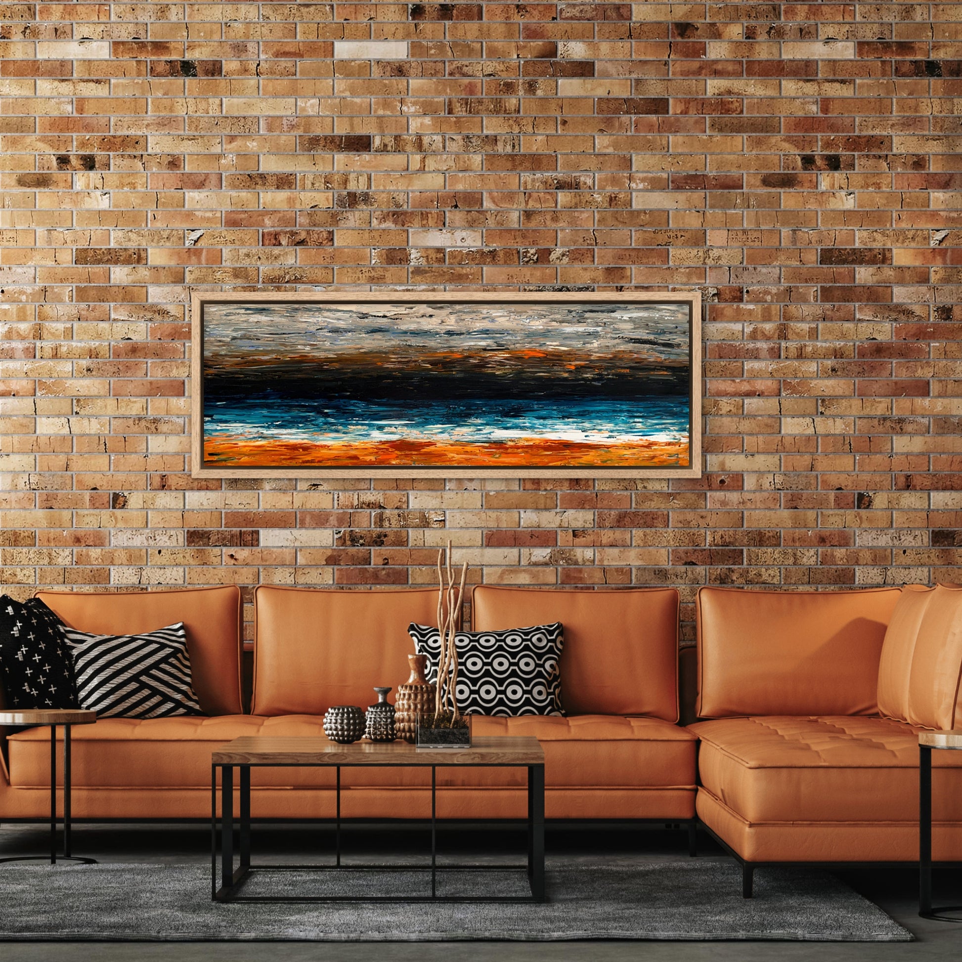 Prussian Sea Sienna Sands III original abstract coastal painting displayed above a timber console in a warm neutral interior