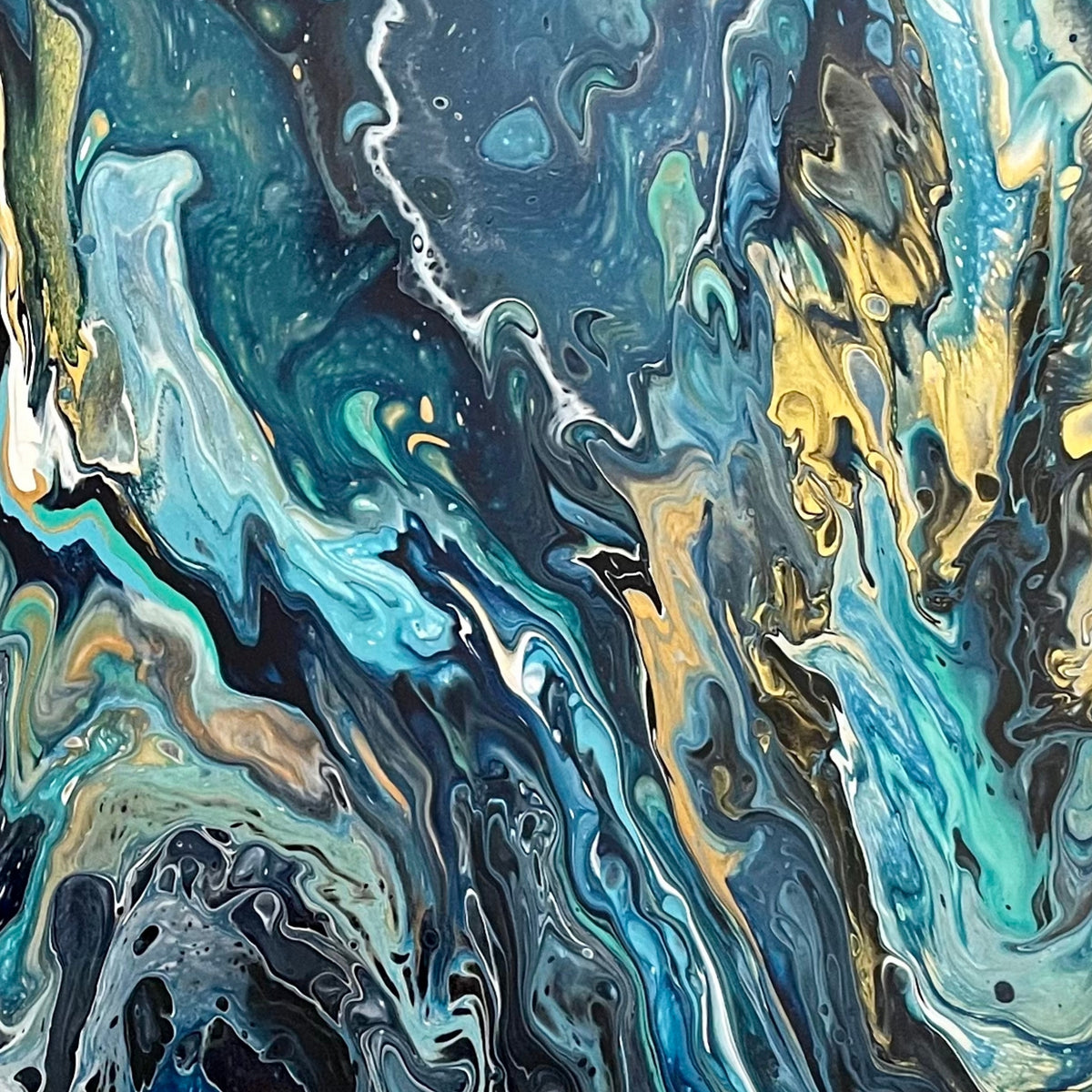 Detail of Arctic Chills Commission showing layered blue, turquoise and white abstract texture