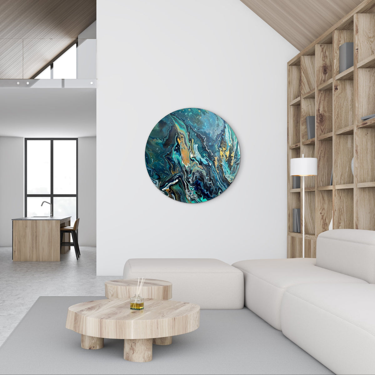 Arctic Chills Commission round abstract artwork displayed in a contemporary interior