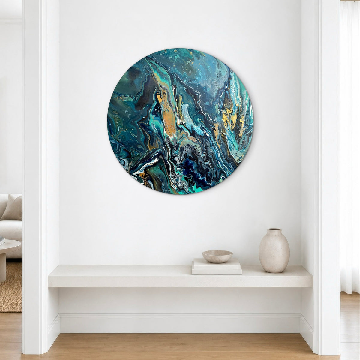 Arctic Chills Commission round abstract artwork displayed in a minimalist contemporary interior