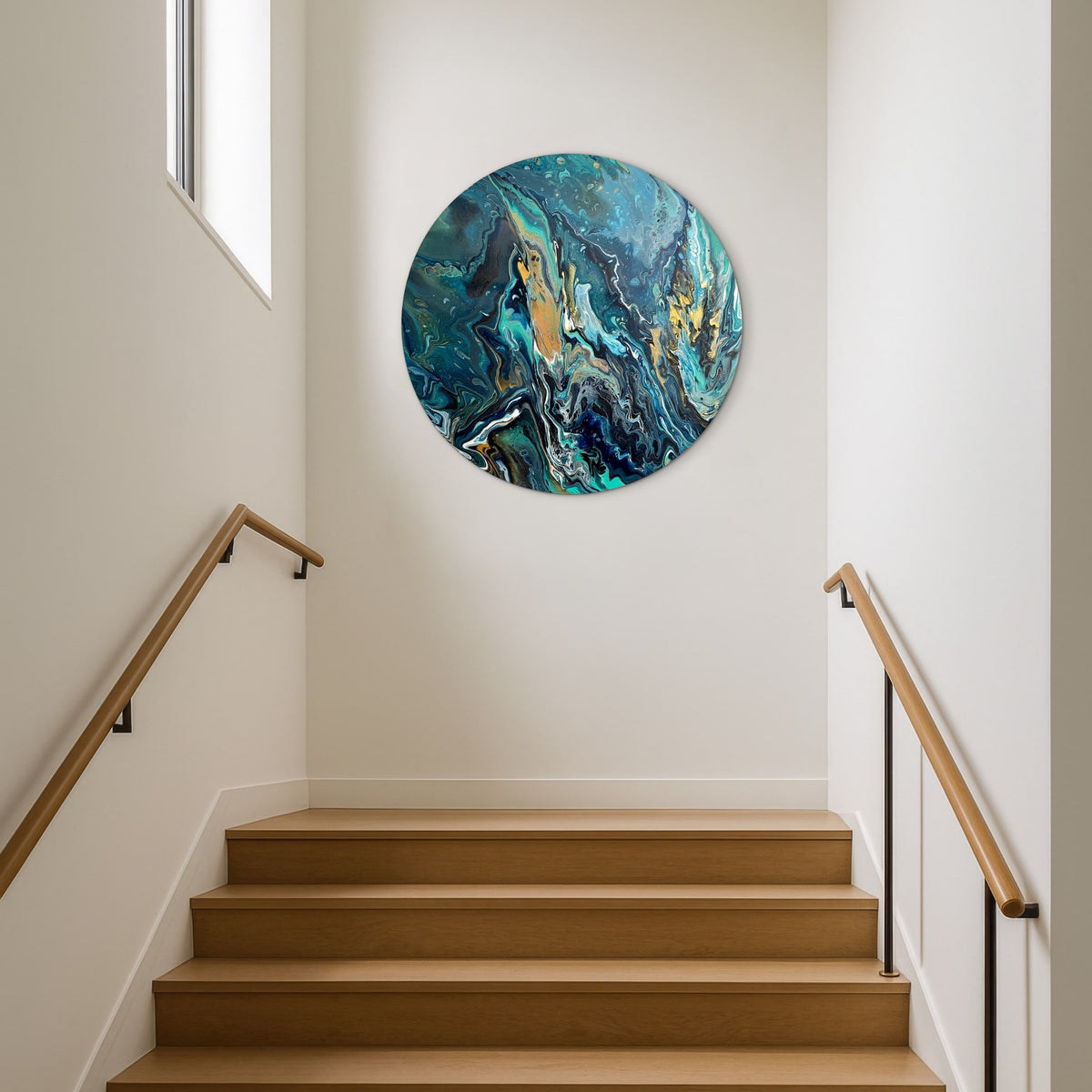 Arctic Chills Commission round abstract artwork displayed on a contemporary stairway wall