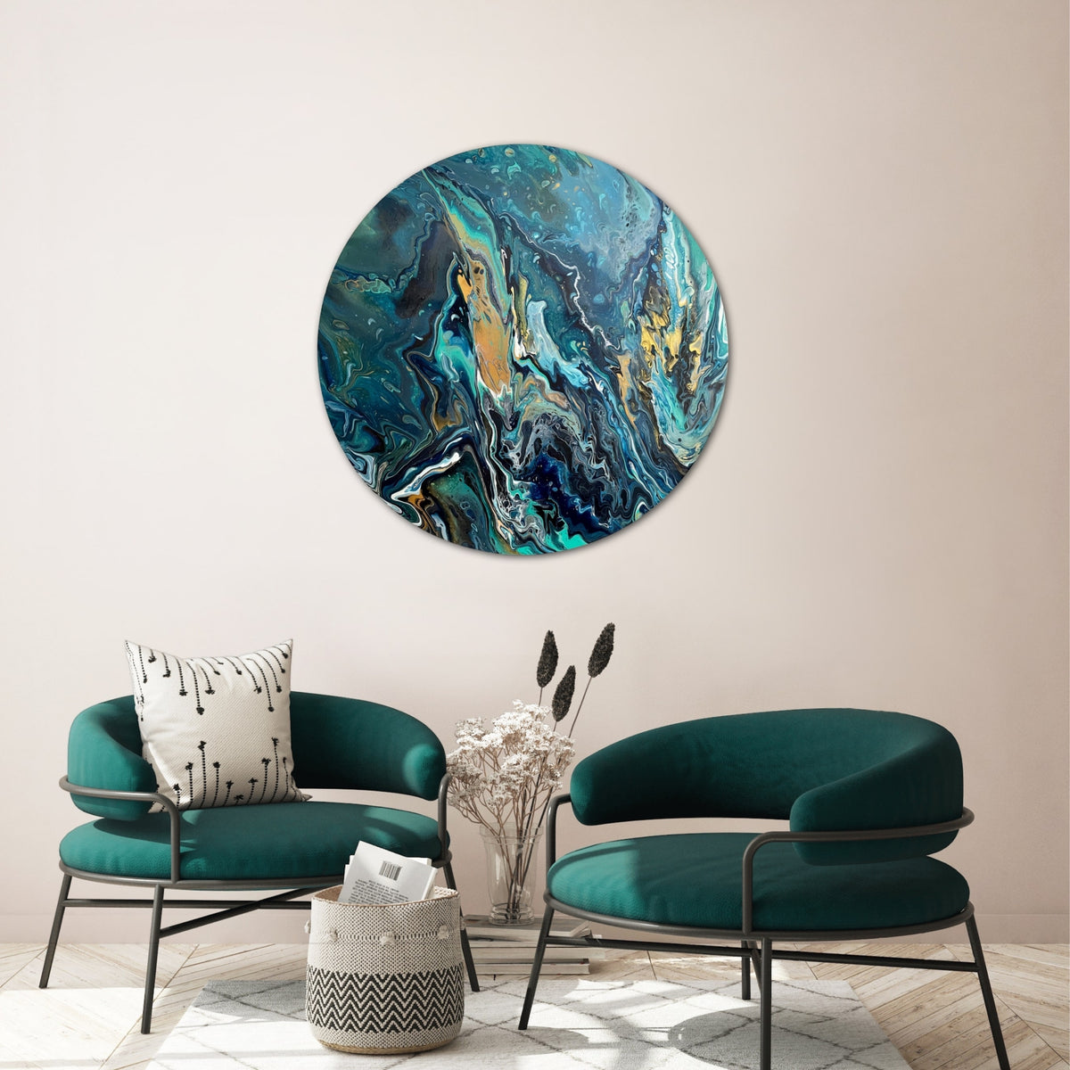 Arctic Chills Commission round abstract wall art displayed in a contemporary living room