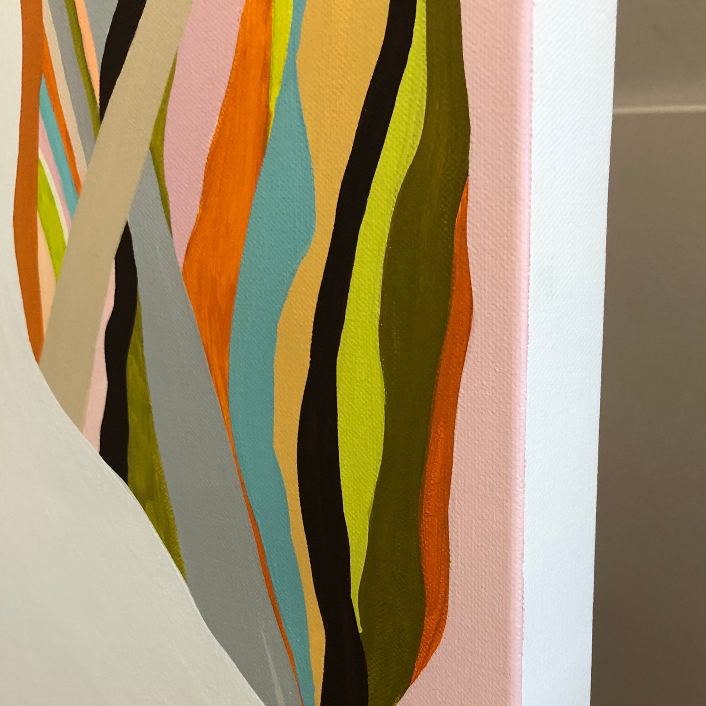 Side detail of Brilliant Blue Gum showing layered colourful acrylic paint and textured surface