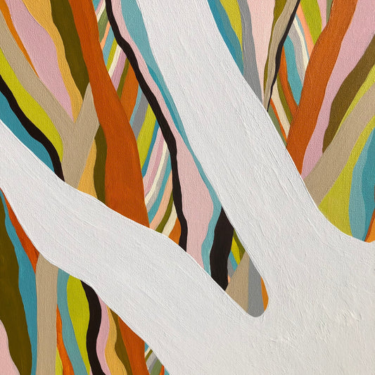 Close-up detail of Brilliant Blue Gum showing textured acrylic paint and layered gum tree forms