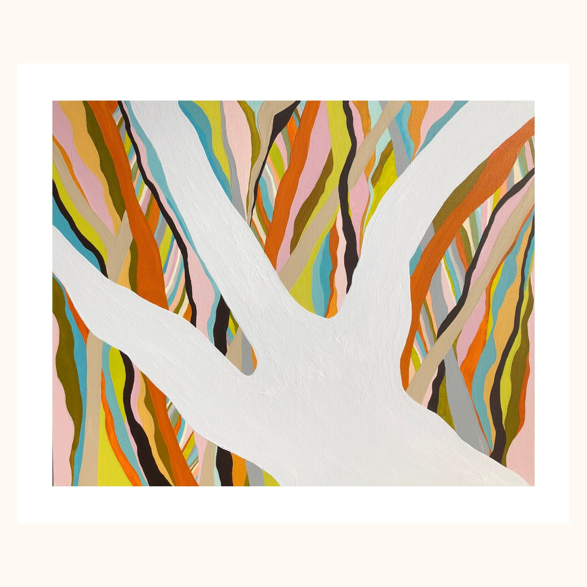 Brilliant Blue Gum fine art print of an abstract eucalyptus gum tree in blue, orange and olive tones