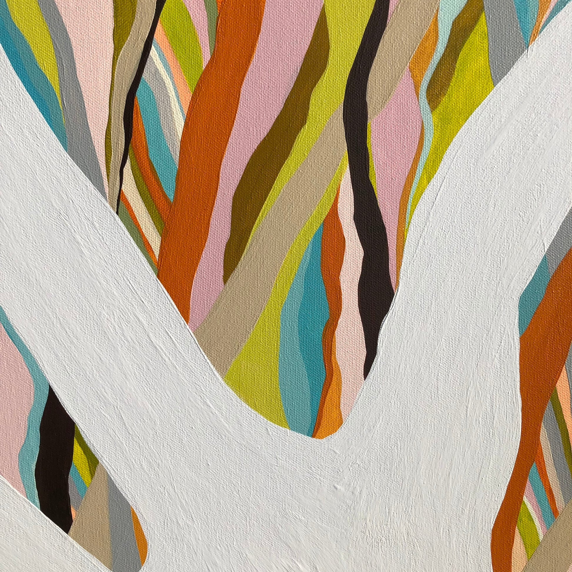 Close-up of Brilliant Blue Gum showing colourful abstract gum tree branches and textured acrylic paint
