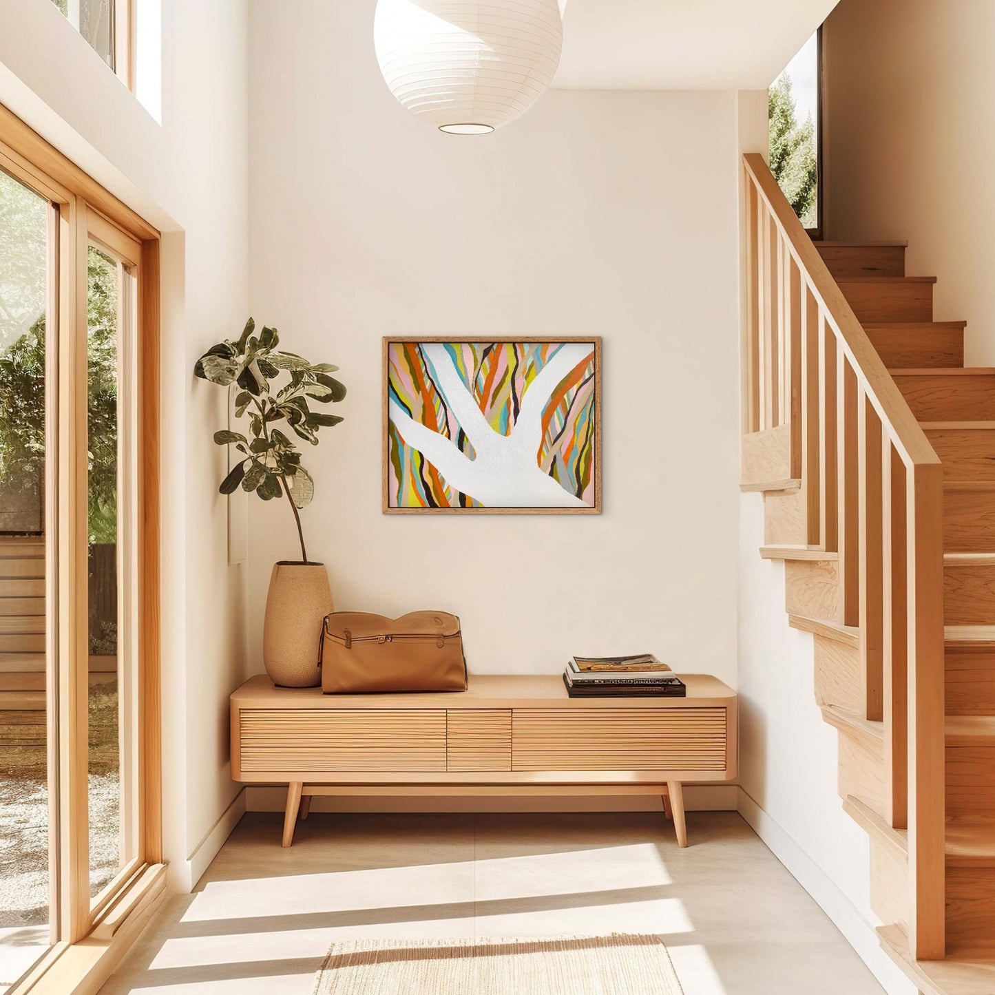Brilliant Blue Gum original abstract artwork displayed in a light Australian-inspired interior with timber stairs