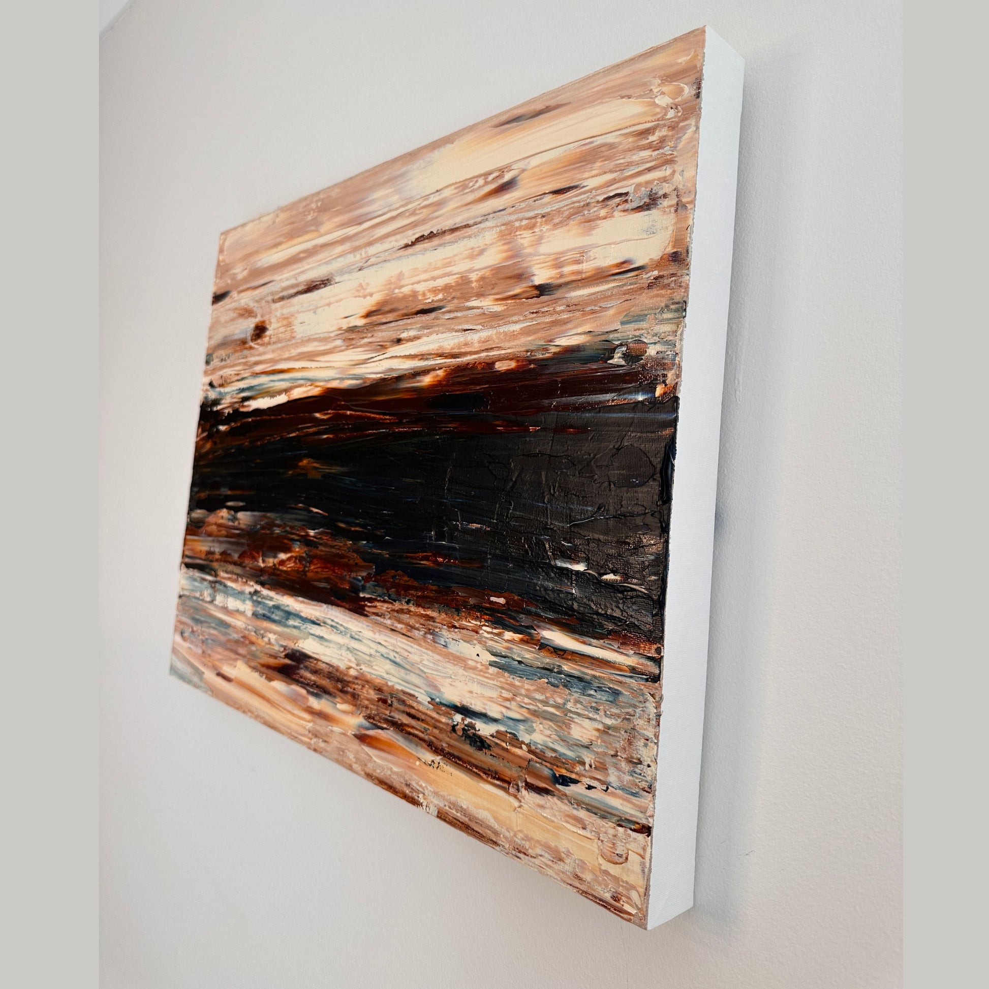 Side view of Ocean & Earth I showing the painted canvas edge and original acrylic artwork by Deb Chorlton.