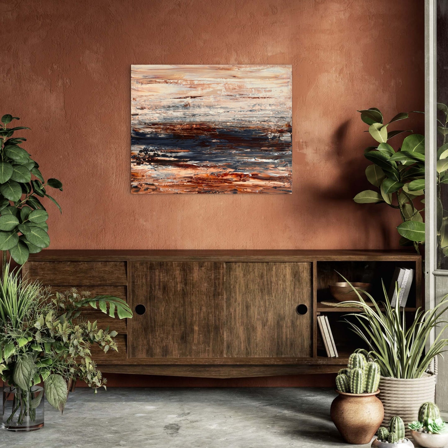 Ocean & Earth III coastal abstract artwork displayed in a warm contemporary interior