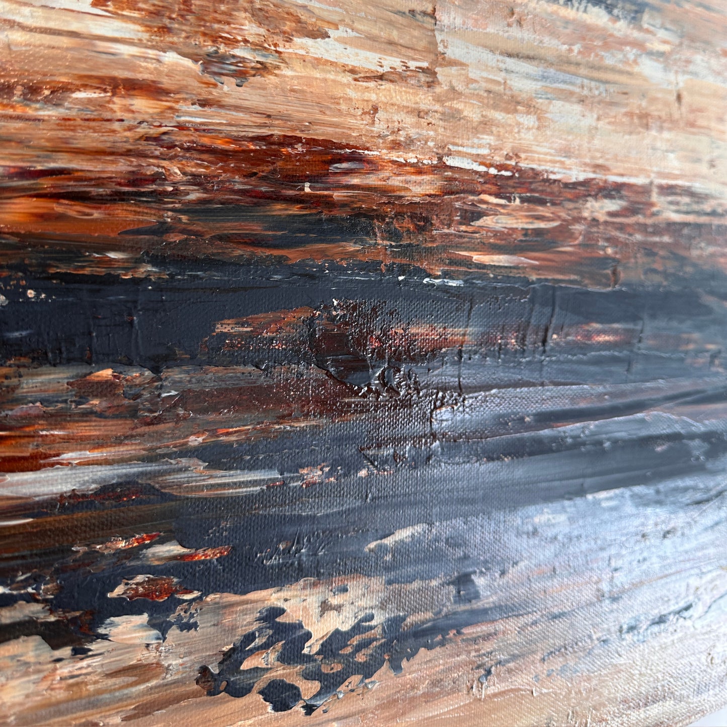 Detail of Quiet Horizon original abstract painting showing layered palette knife marks, warm earth tones and deep coastal blues.