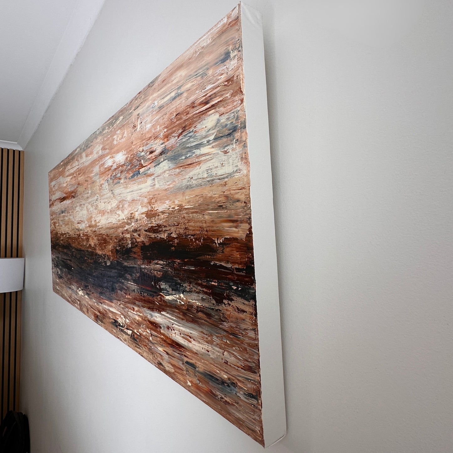 Side view of Quiet Horizon original artwork showing the depth of the stretched canvas and textured painted surface.