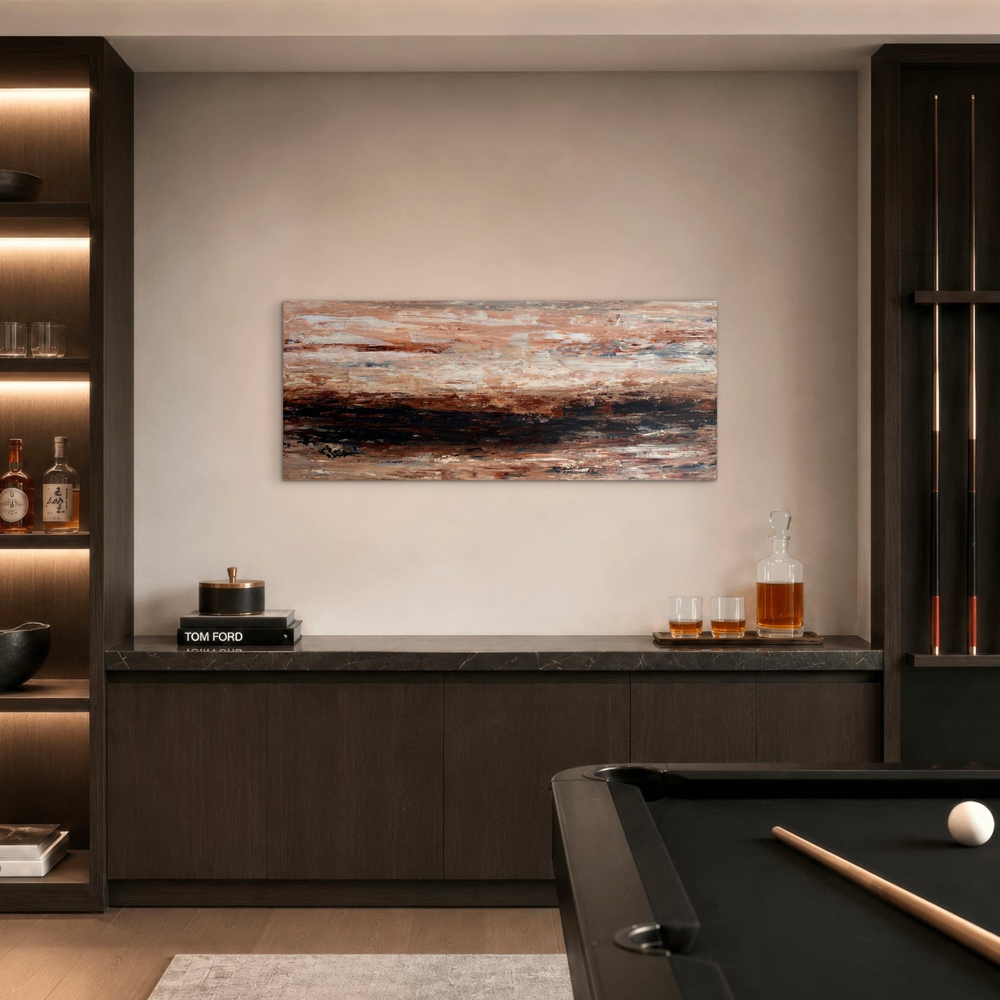 Quiet Horizon original abstract artwork displayed above a dark timber bar in a contemporary games room.