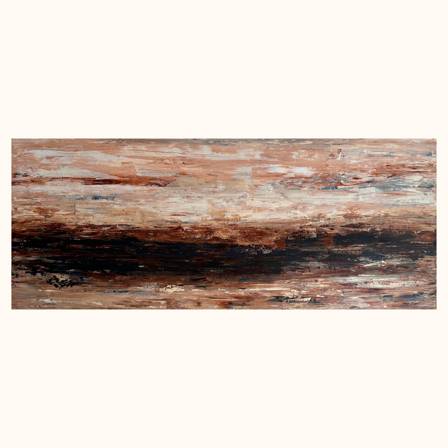 Original abstract acrylic painting Quiet Horizon from the Ocean & Earth series, featuring warm earth tones, coastal blues and layered palette knife texture on canvas.