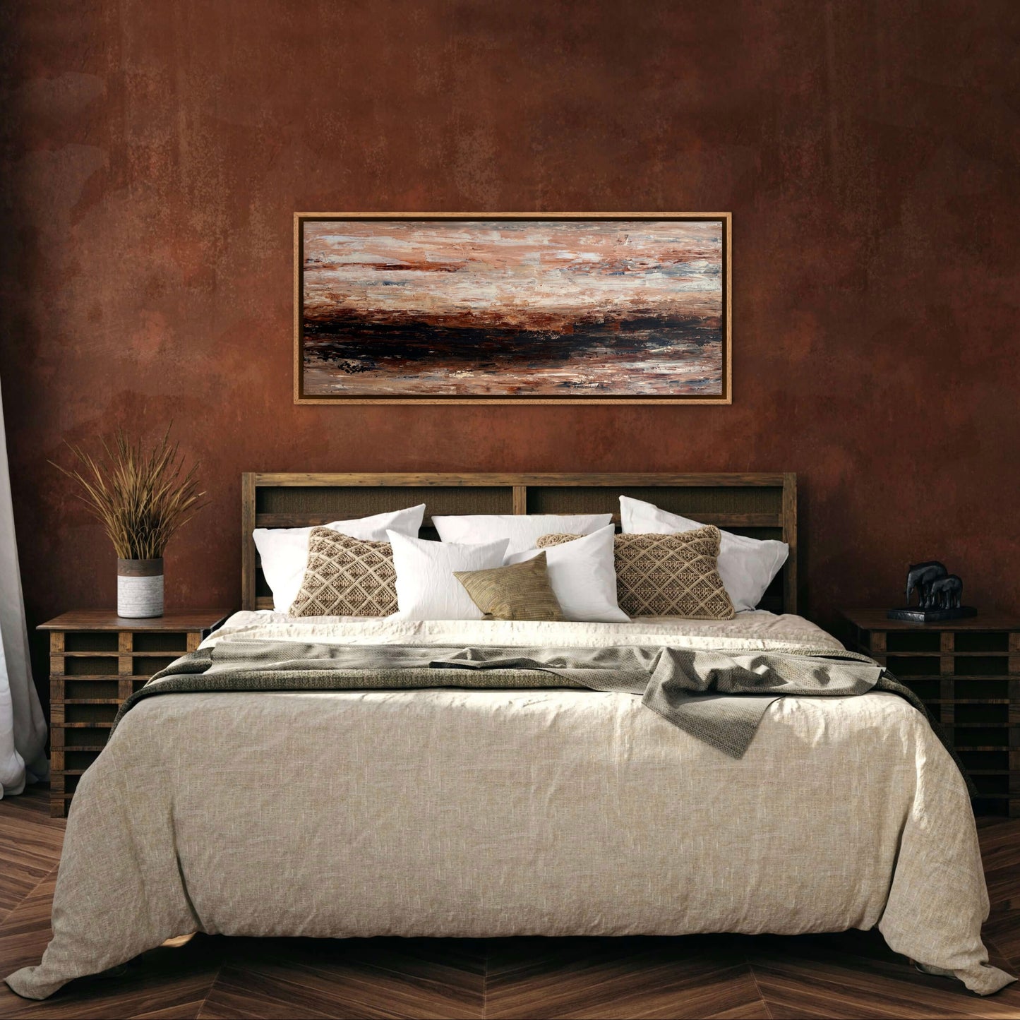 Quiet Horizon original abstract painting displayed above a bed in a warm contemporary bedroom.