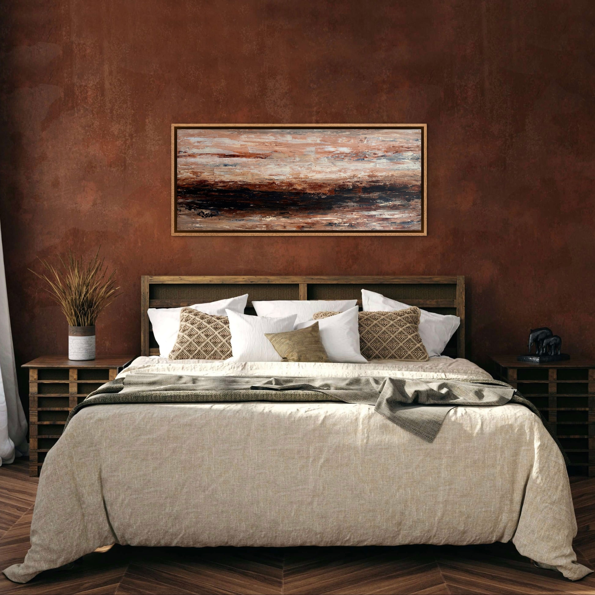 Quiet Horizon original abstract painting displayed above a bed in a warm contemporary bedroom.