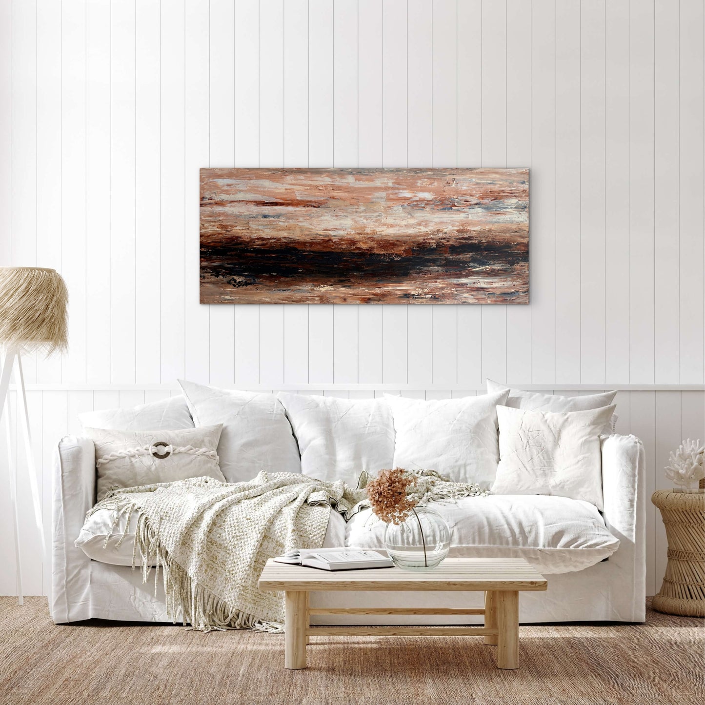 Quiet Horizon original abstract painting displayed above a white sideboard in a bright coastal-style living room.