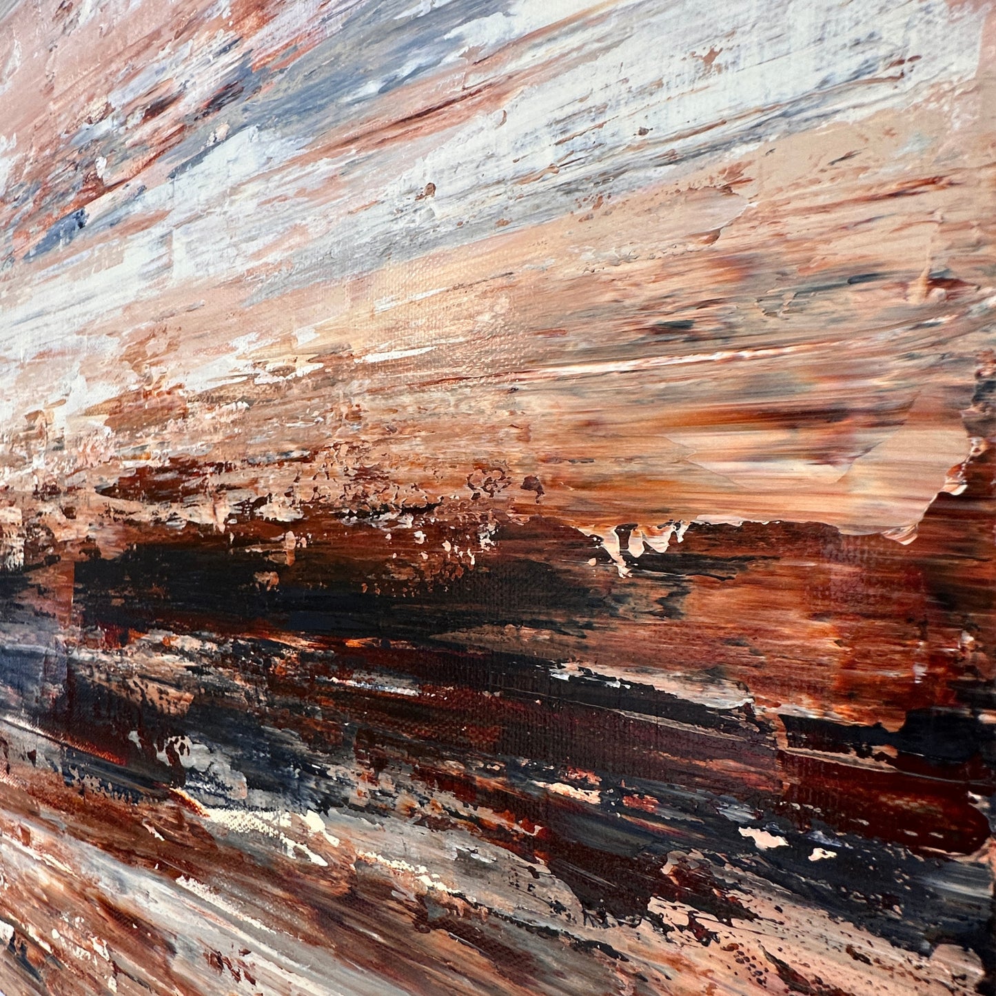 Close-up detail of Quiet Horizon showing expressive palette knife texture and layered acrylic paint in earthy coastal tones.