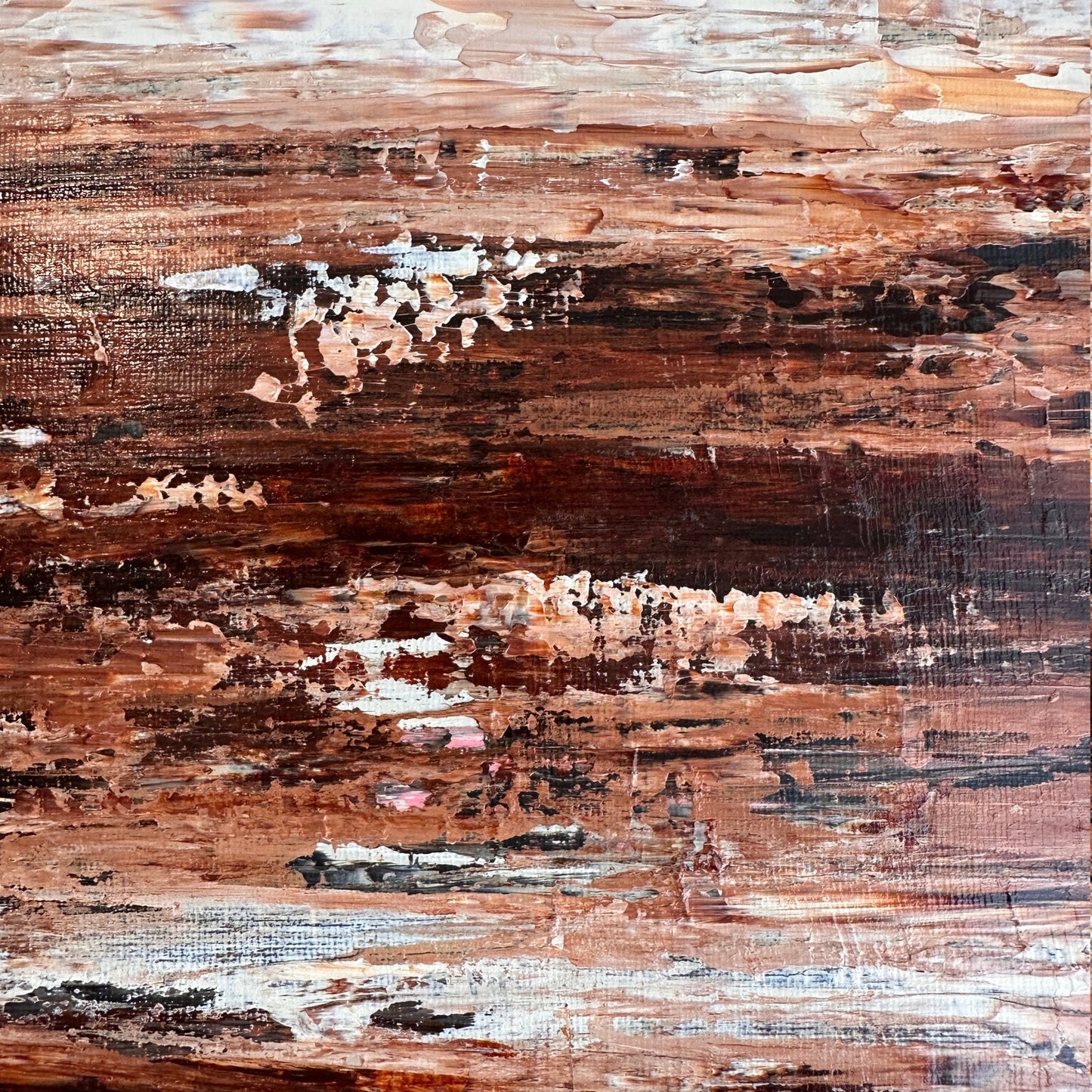 Close-up of Burnished Earth showing layered palette knife texture and expressive acrylic brushwork