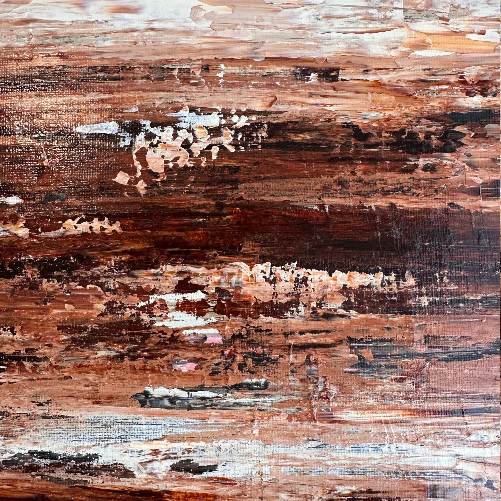 Close-up of Burnished Earth showing layered palette knife texture and expressive acrylic brushwork