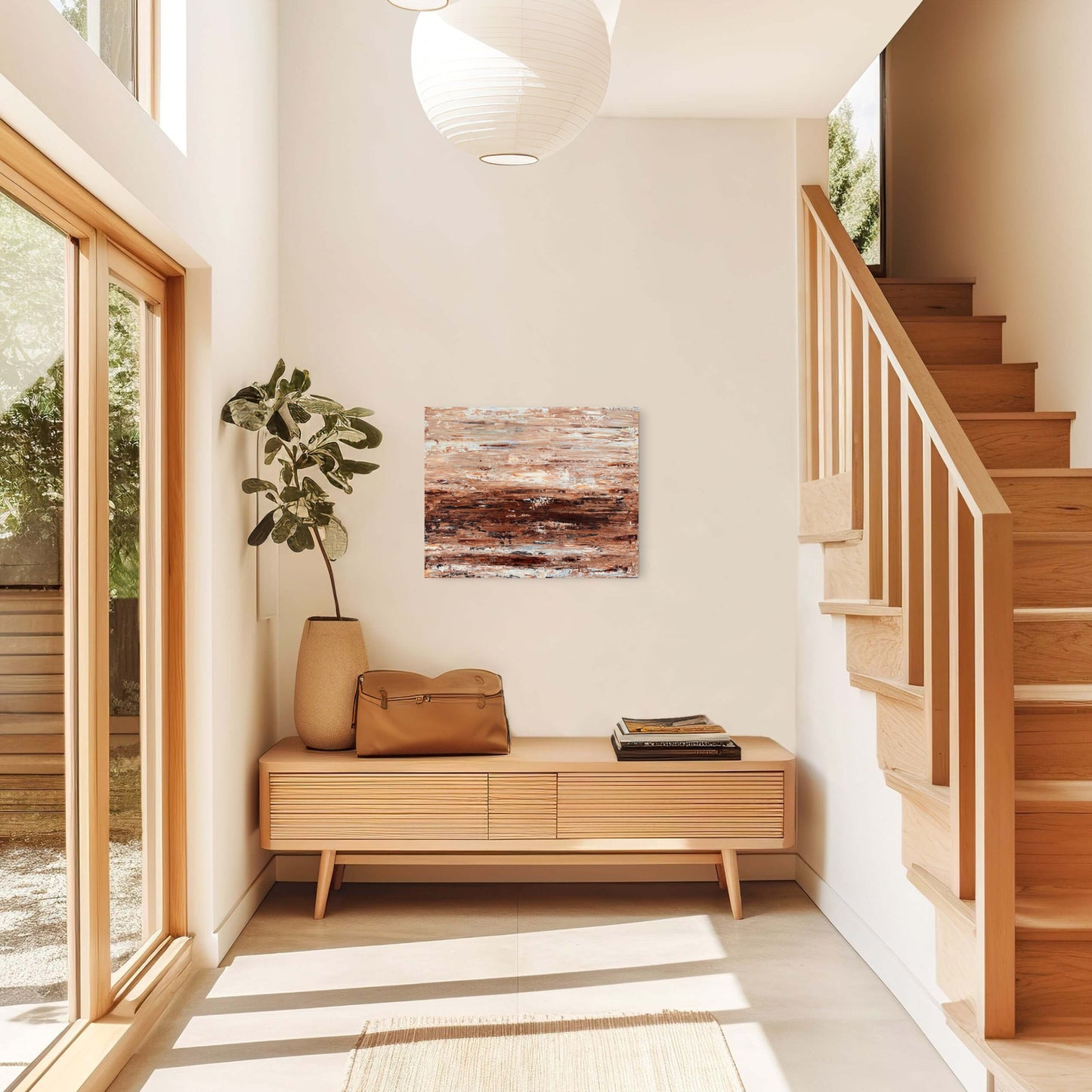 Burnished Earth original abstract painting displayed in a light hallway with timber stairs and neutral decor