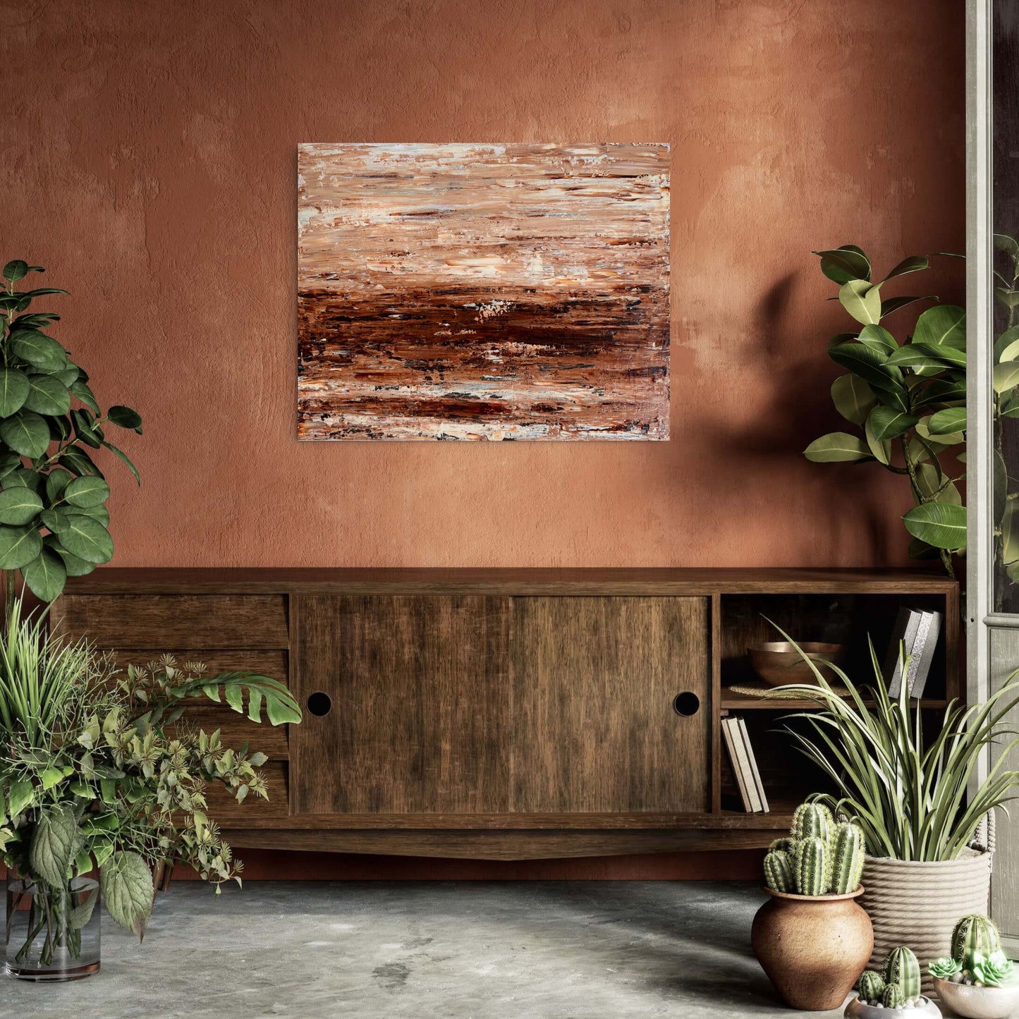 Burnished Earth original abstract painting displayed in a warm earthy interior with timber furniture and plants