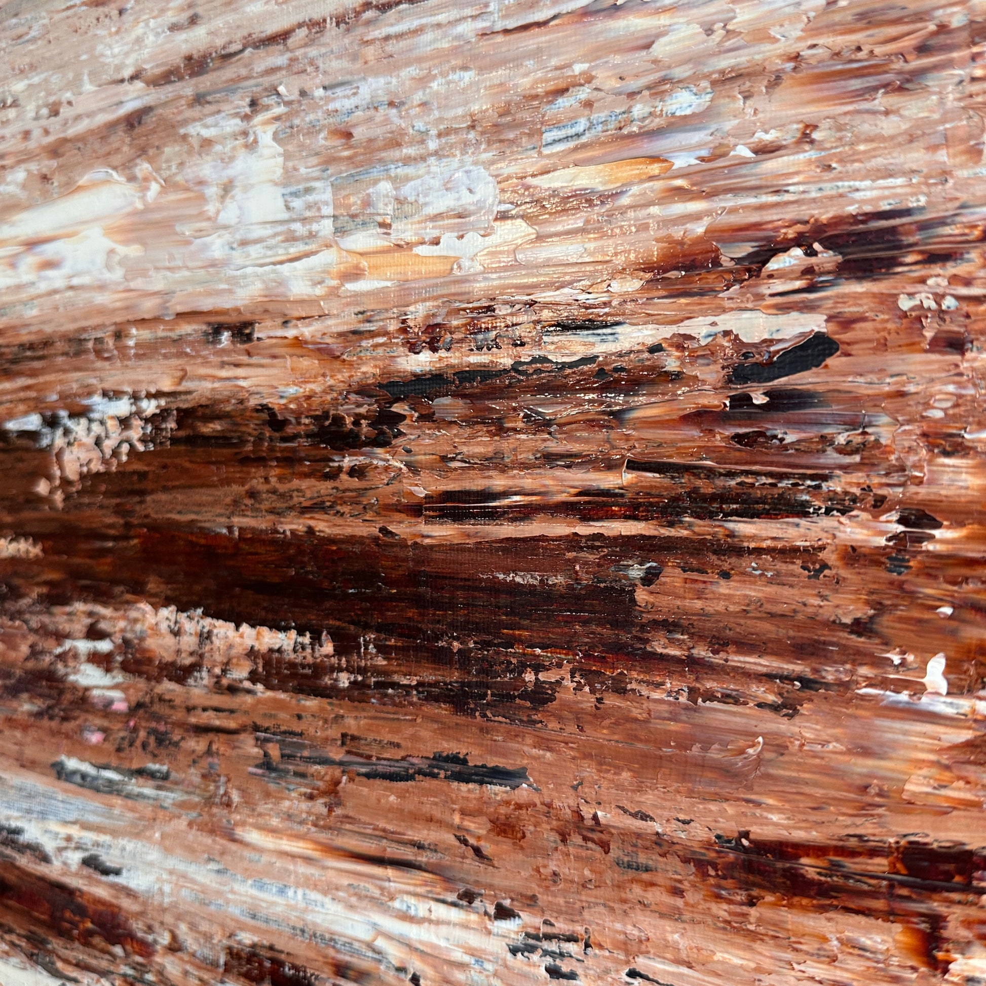 Close-up detail of Burnished Earth showing layered acrylic paint in warm earth tones and deep blue
