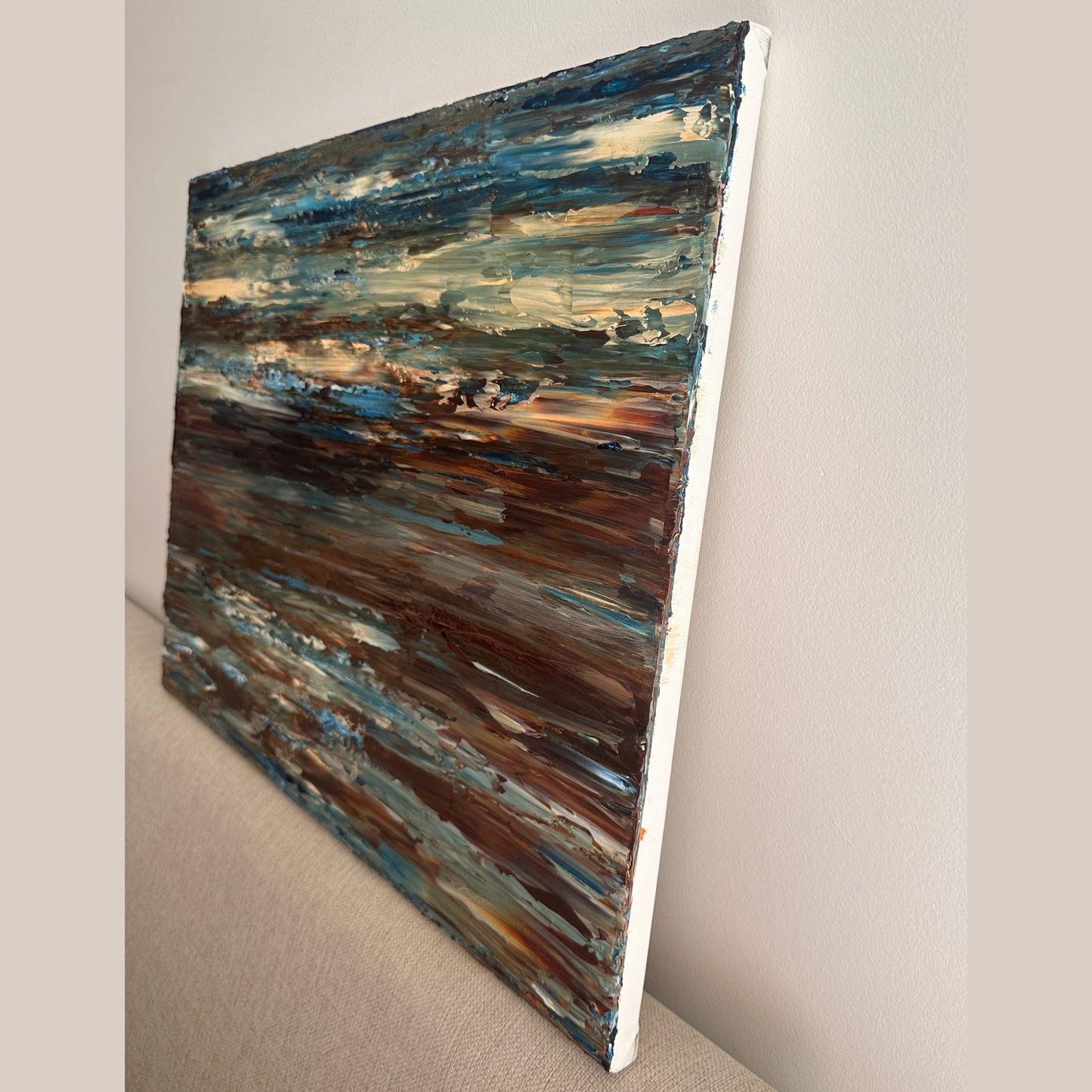 Side view of Coastal Drift showing the depth and textured edge of the stretched canvas
