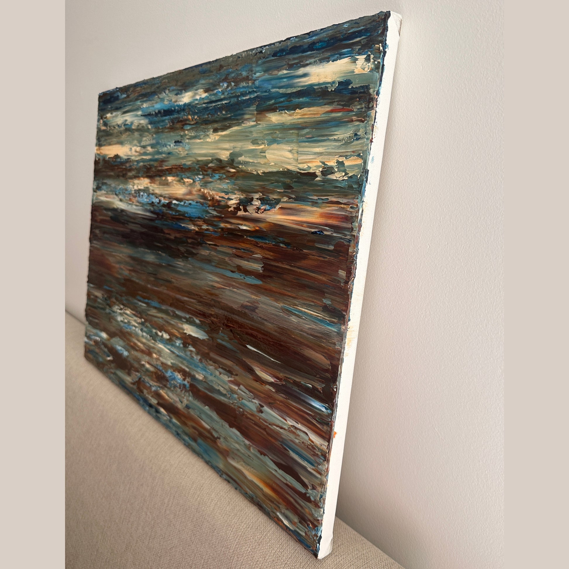 Side view of Coastal Drift showing the depth and textured edge of the stretched canvas
