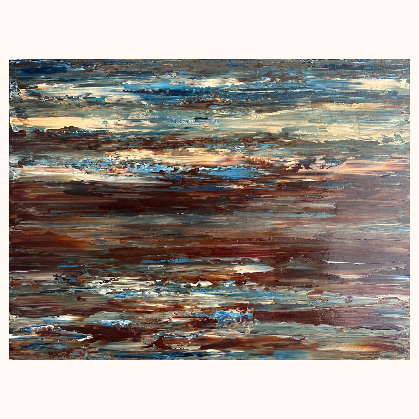 Coastal Drift original abstract acrylic painting in coastal blue, brown and earthy tones on canvas