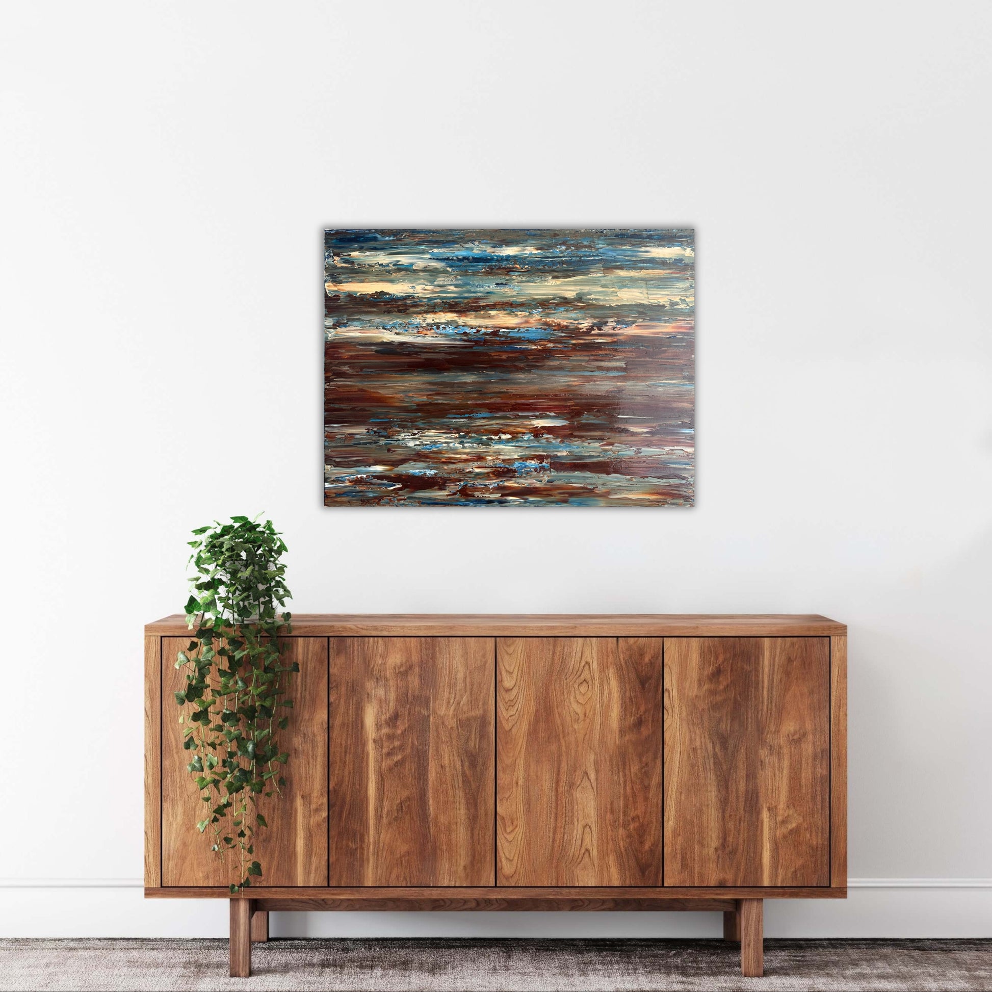 Coastal Drift original abstract painting displayed above a timber console in a light neutral interior