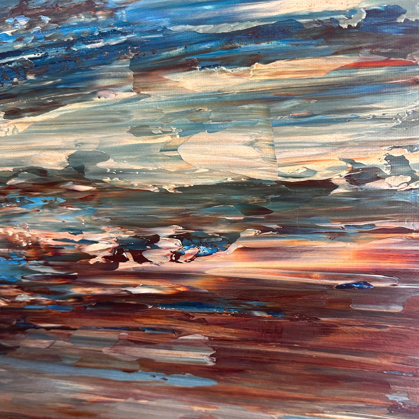 Close-up detail of Coastal Drift showing layered acrylic texture in blue, brown and warm earthy tones