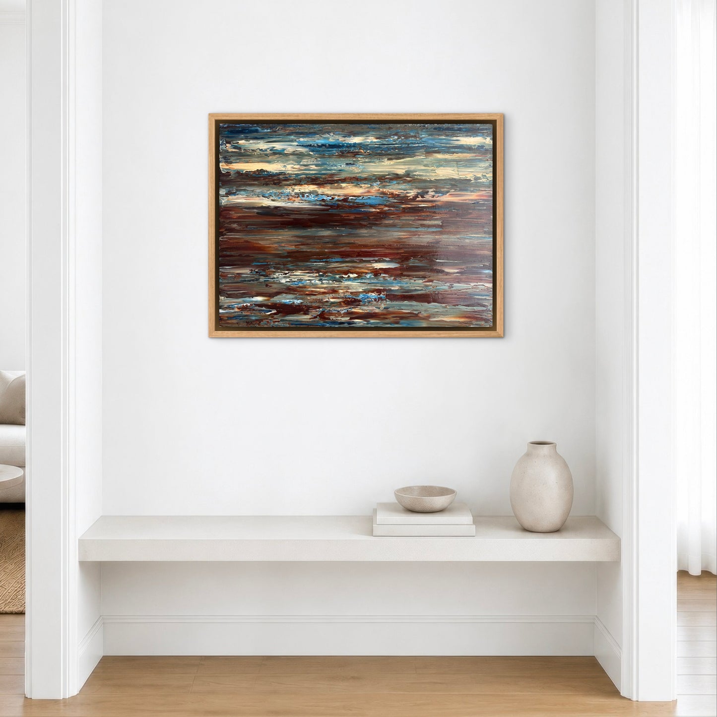 Coastal Drift original abstract painting displayed in a bright neutral interior above a white console