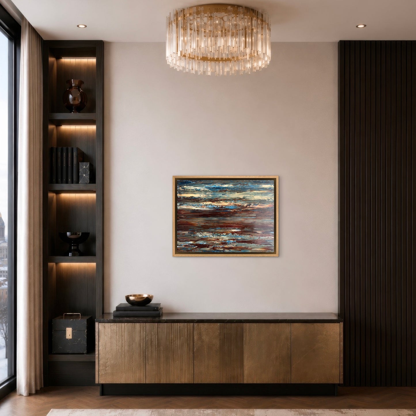 Coastal Drift original abstract painting displayed in a warm modern interior with dark timber cabinetry
