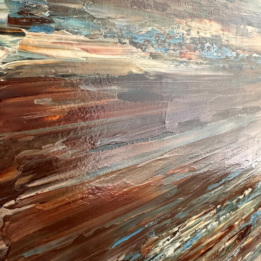 Close-up of Coastal Drift showing layered acrylic paint, palette knife texture and expressive coastal tones